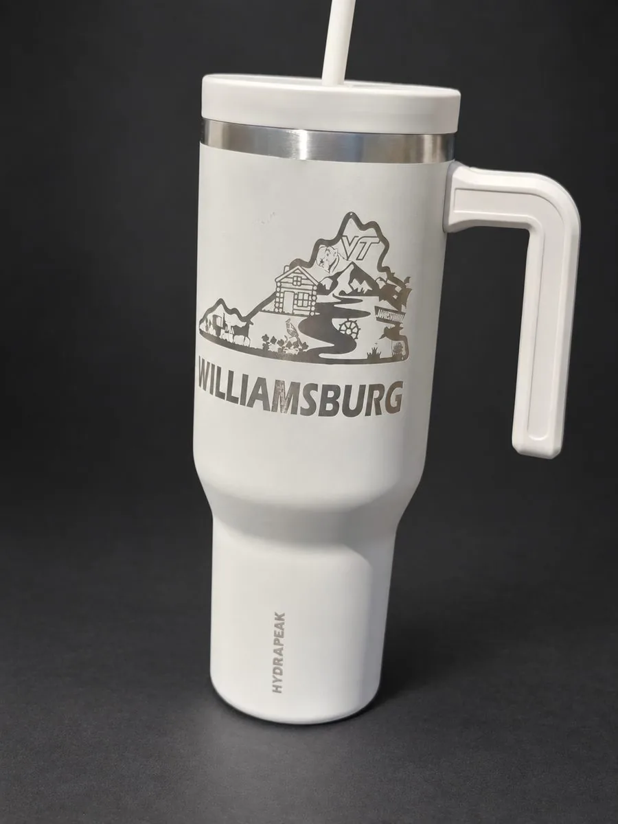 Custom laser engraved Stanley-style tumbler