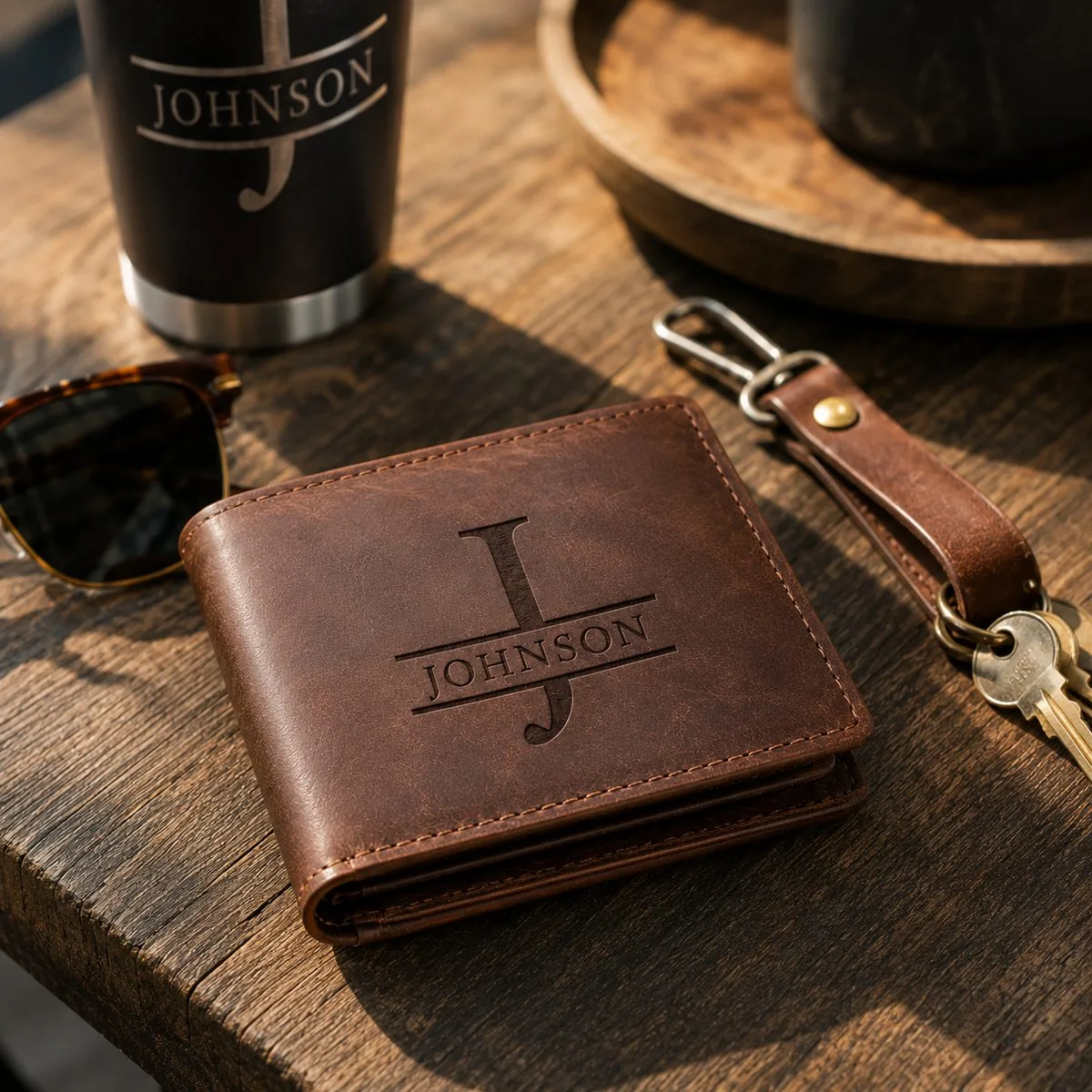 Personalized engraved leather wallet and matching keychain