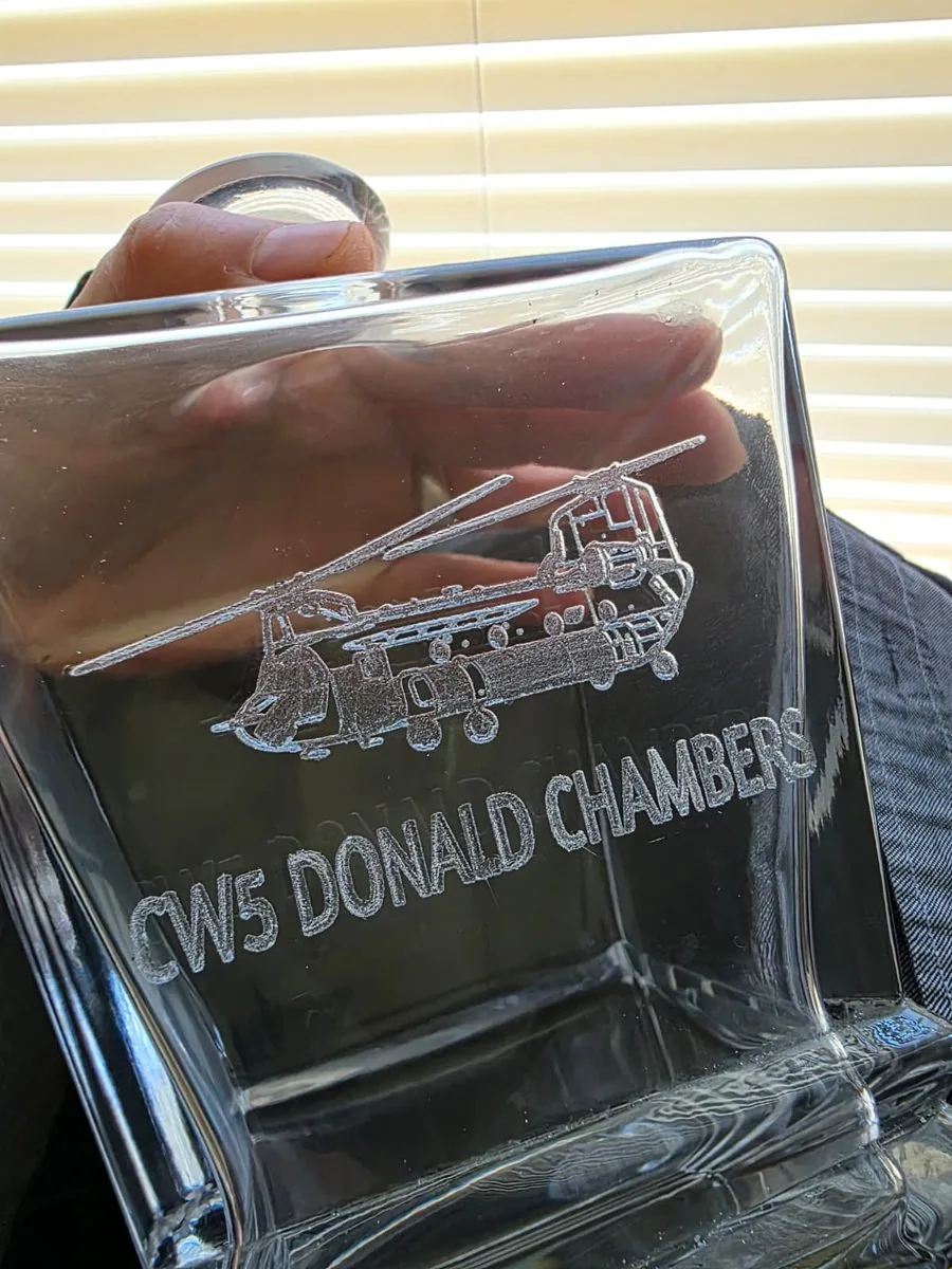 Whiskey decanter laser engraved with military helicopter and name